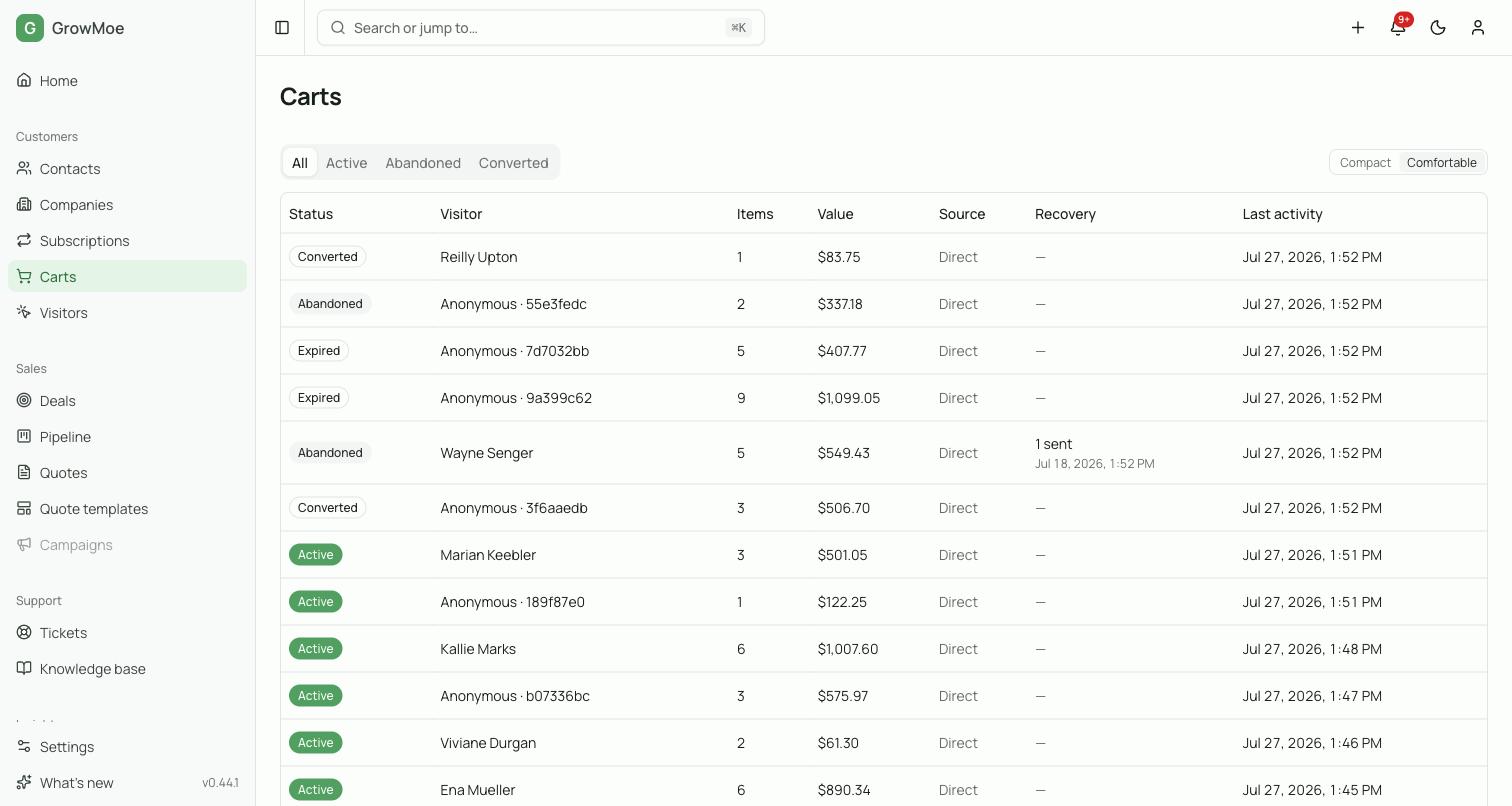 The carts list showing live, abandoned and converted cart sessions with visitor, item count, value and recovery status.