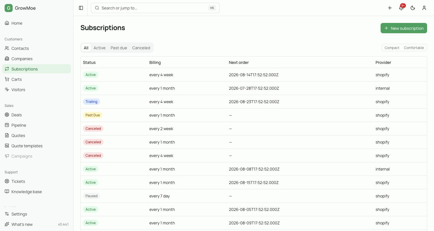 The subscriptions list showing status, billing cadence, next order date and provider for each recurring order.
